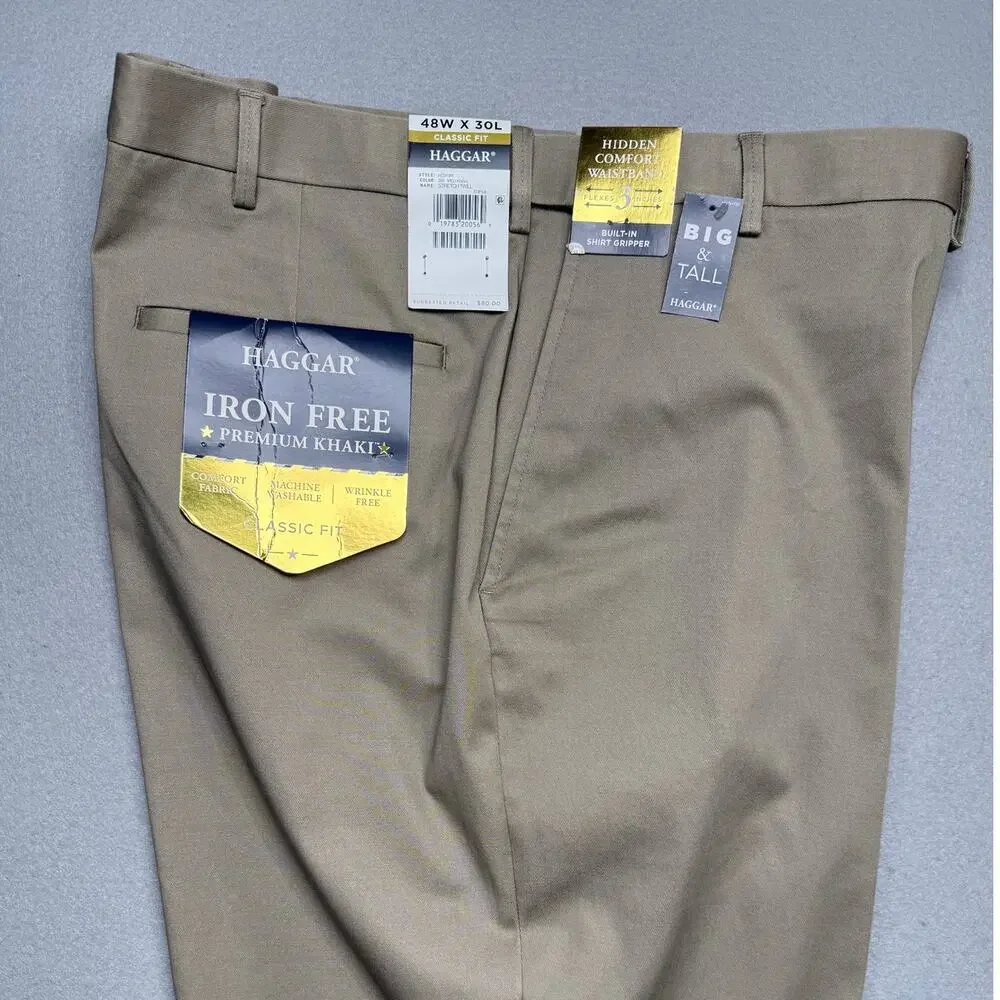 Haggar Men’s Premium No Iron Khaki Straight Flat-Front Pants tan 48x30 $80